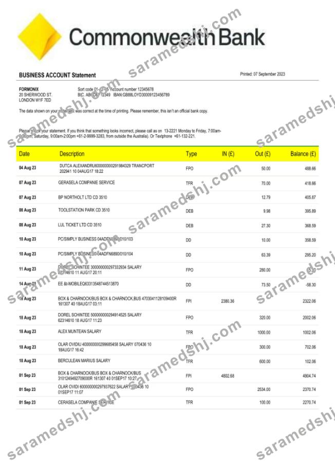 Commonwealth Bank enterprise account statement Word and PDF template